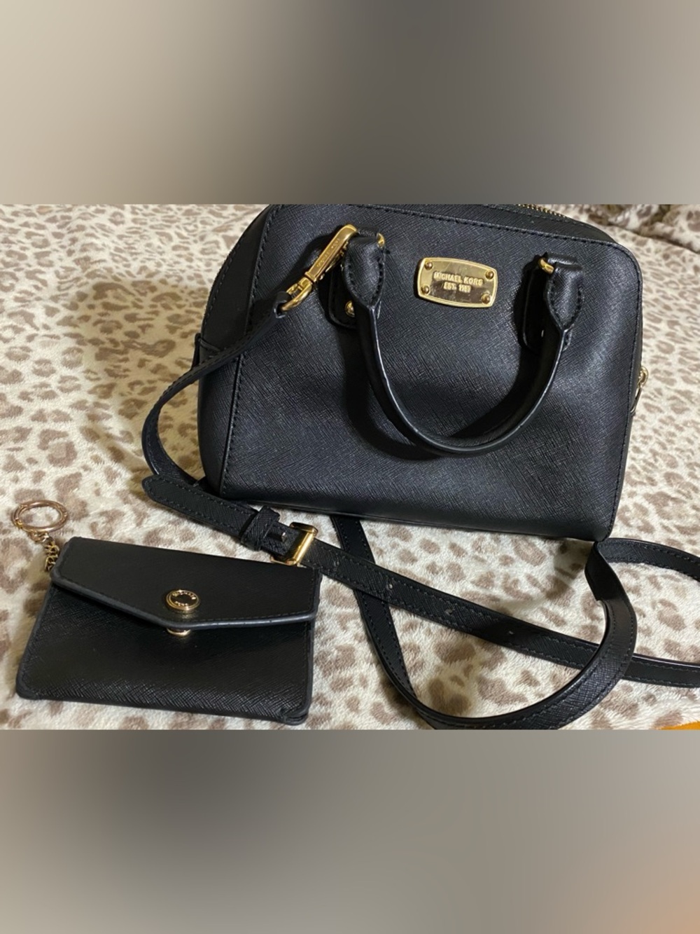 Michael Kors Black Saffiano Mini Satchel with Card Case Wallet SET